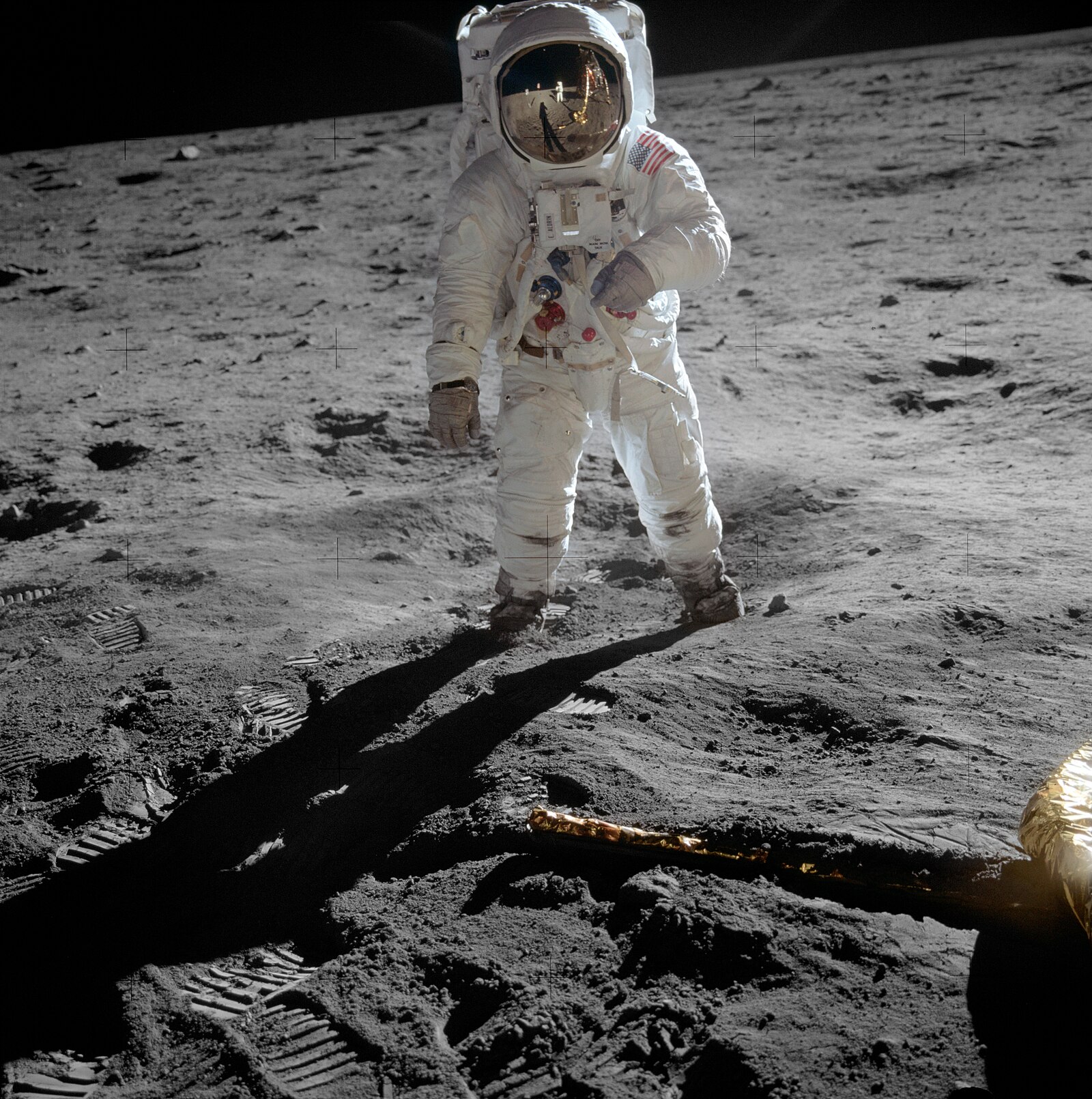Astronaut Buzz Aldrin on the surface of the Moon during Apollo 11, July 20, 1969. Photographed by Neil Armstrong.
