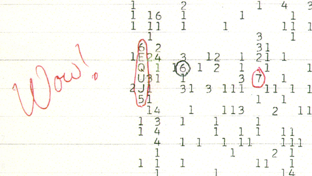 The original 1977 computer printout of the Wow! signal, with the code 6EQUJ5 circled and the word Wow written in the margin